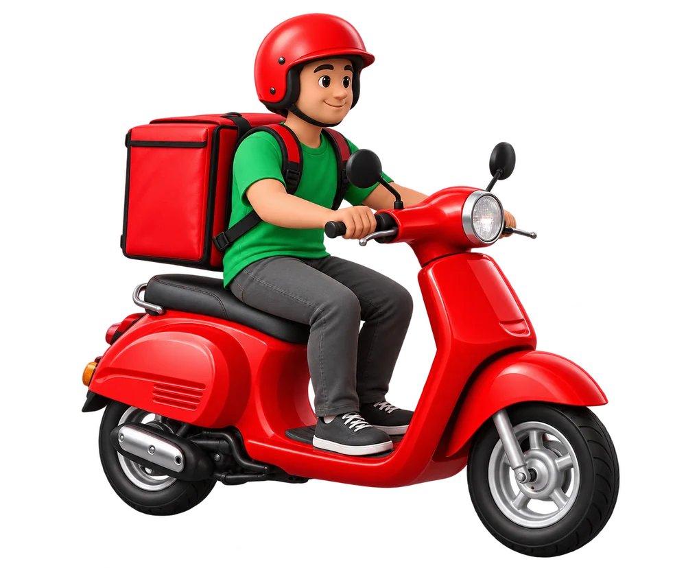 Ilustração de um entregador em uma scooter vermelha
